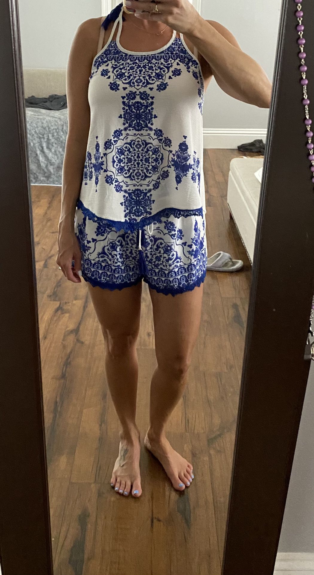 Blue and white two-piece halter top and shorts set