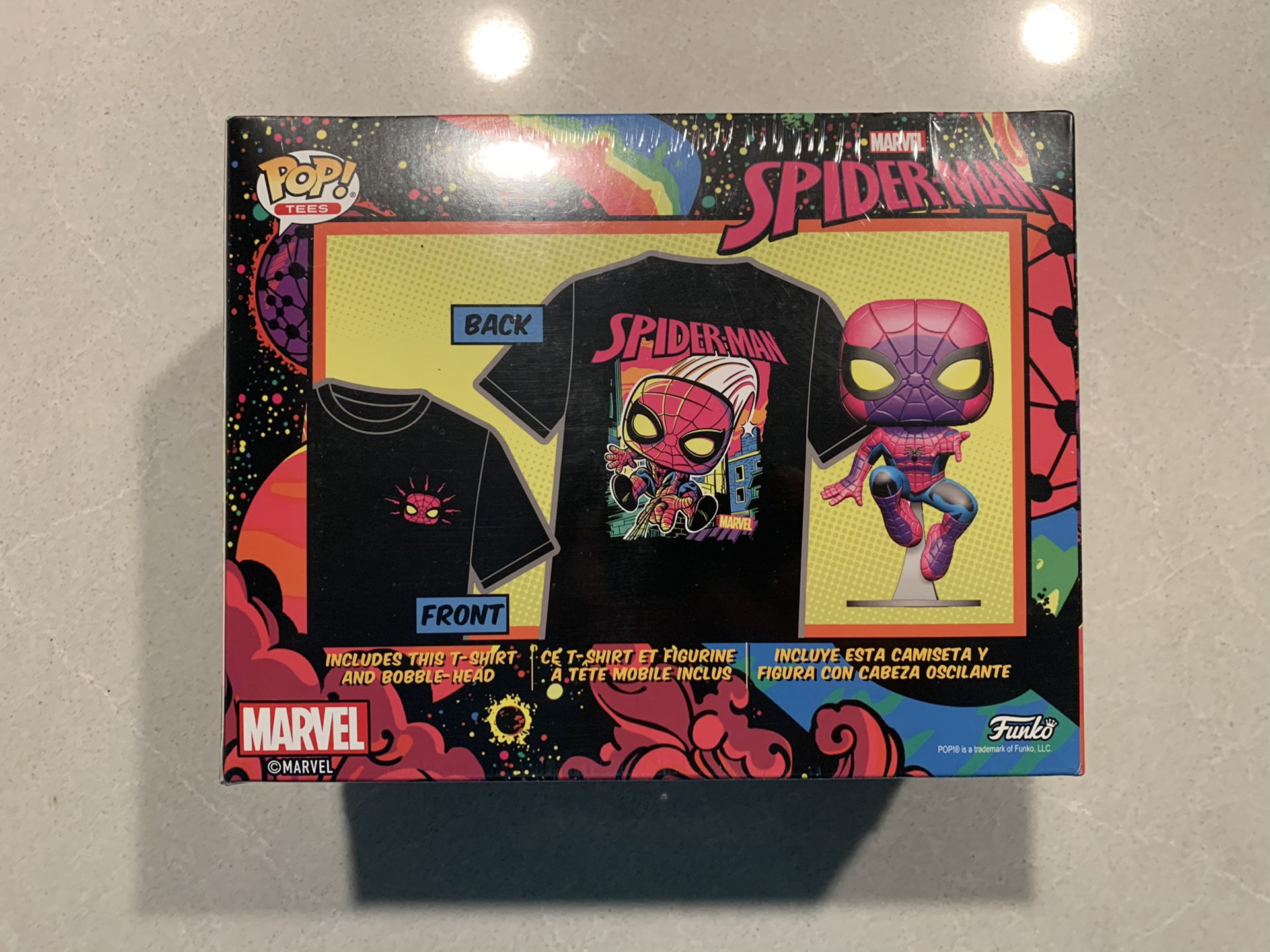 Black Light Spider-Man Funko Pop Boxset Large T-shirt *MINT SEALED* Target Exclusive Marvel Avengers 652 with protector