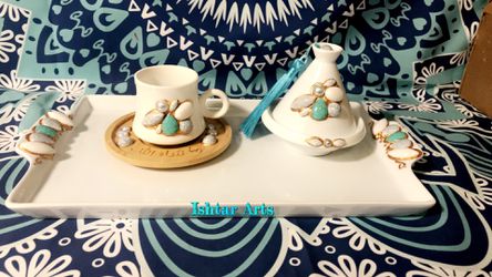 5pc Turkish Arabic Morrocan coffee espresso tray cup set handmade Thumbnail