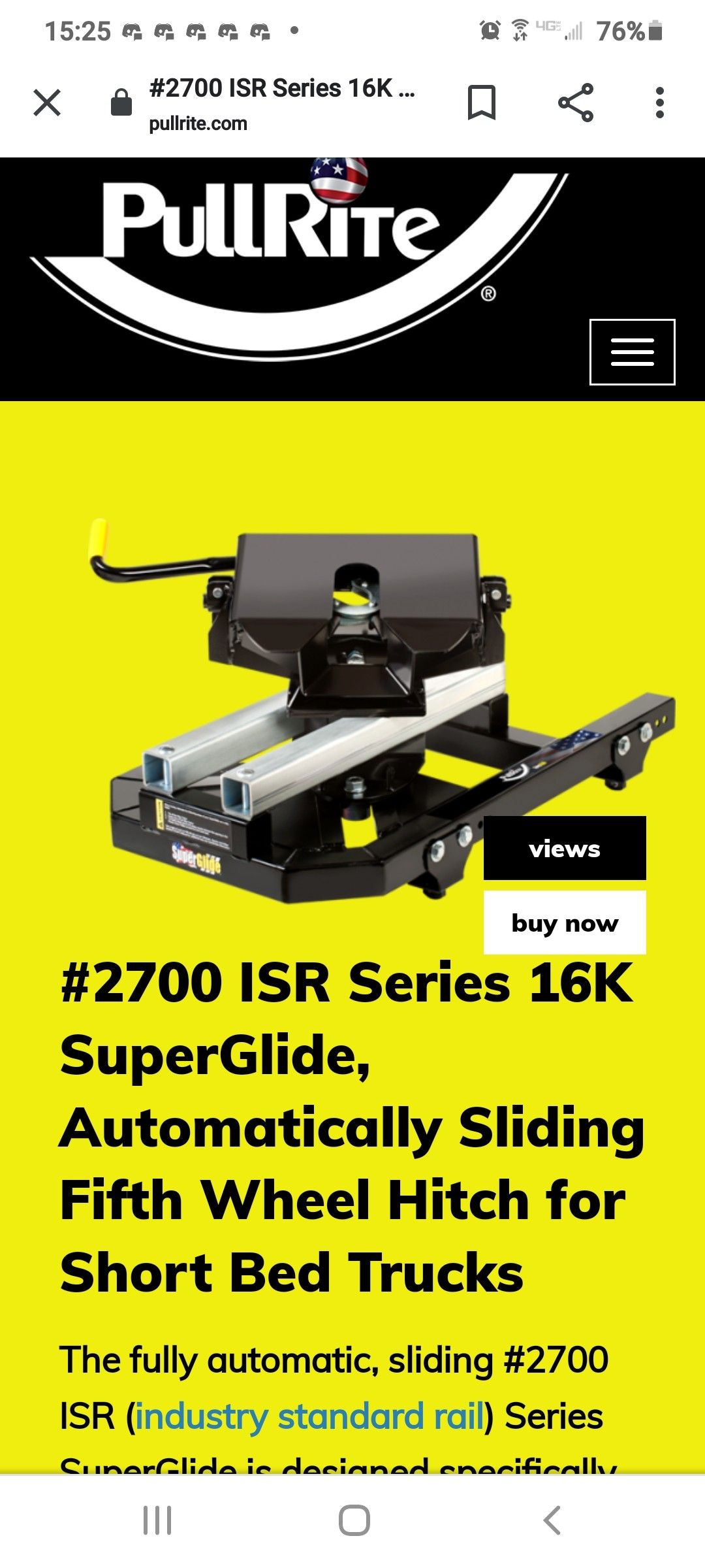PULLRITE SUPERGLIDE 2700 5TH WHEEL HITCH w/ INDUSTRY STANDARD RAILS