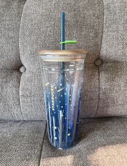 Starbucks Limited Edition Firefly Glass Tumbler w/ Wood Lid and Leaf Straw Detail Thumbnail