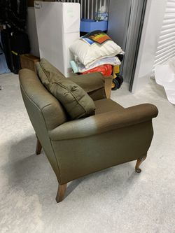 2 Brown Wood Custom Upholstered Matching Chairs Thumbnail