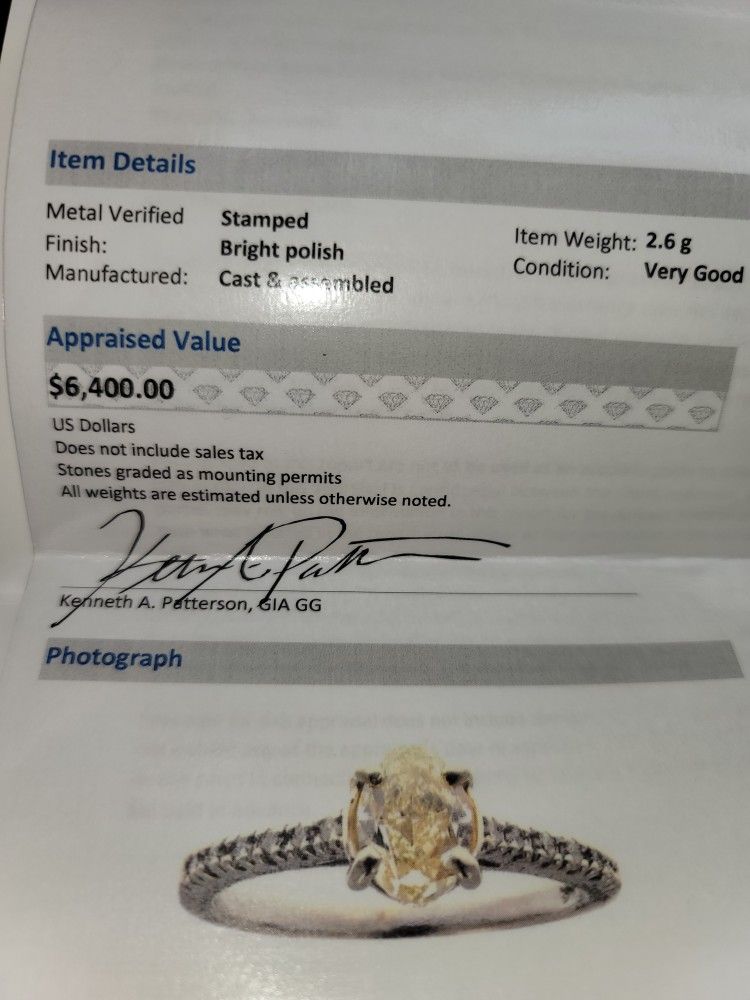 14K WG 1.02CT Natural FANCY INTENSE YELLOW Oval cut Diamond engagement ring Appraised $6400