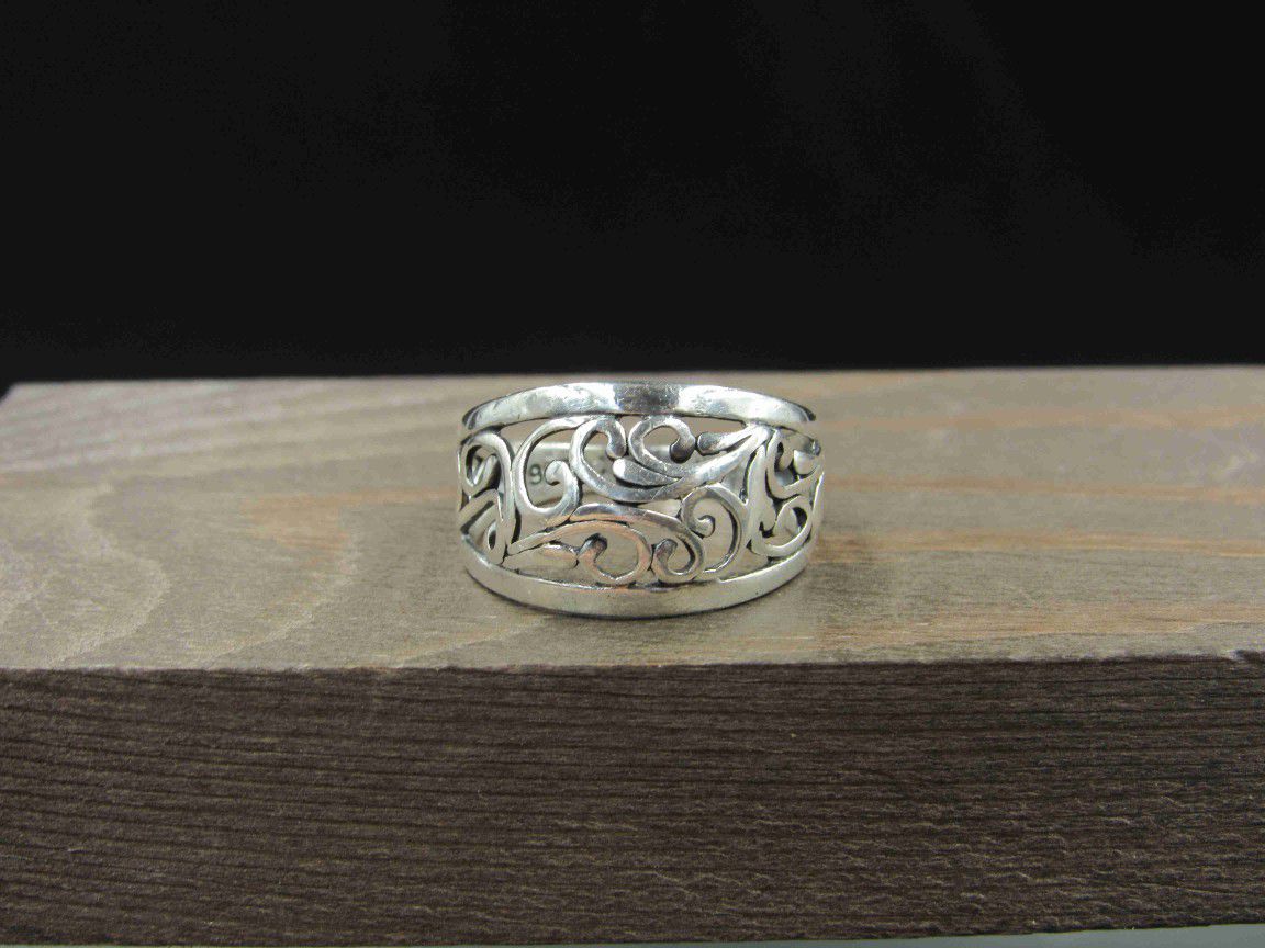 Size 7.75 Sterling Silver Filigree Nature Band Ring Vintage Statement Engagement Wedding Promise Anniversary Bridal Cocktail