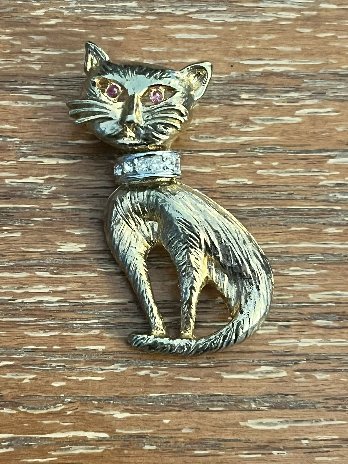 Vintage Pin Brooch Gold Silver Toned Cat Design With Pink Clear Rhinestones Used