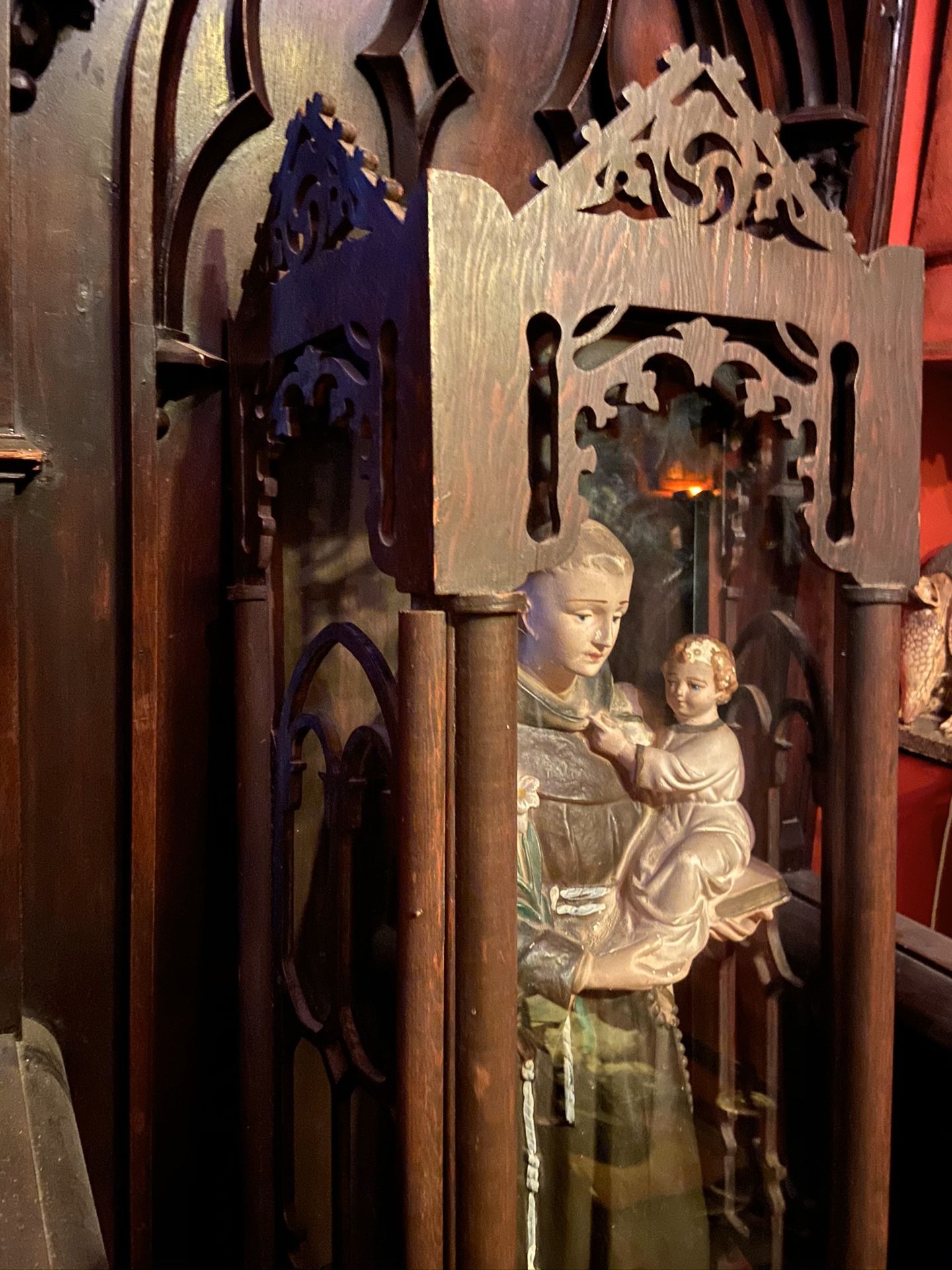 Antique Religious Statue In The Wooden Gothic Box Saint Altar Church