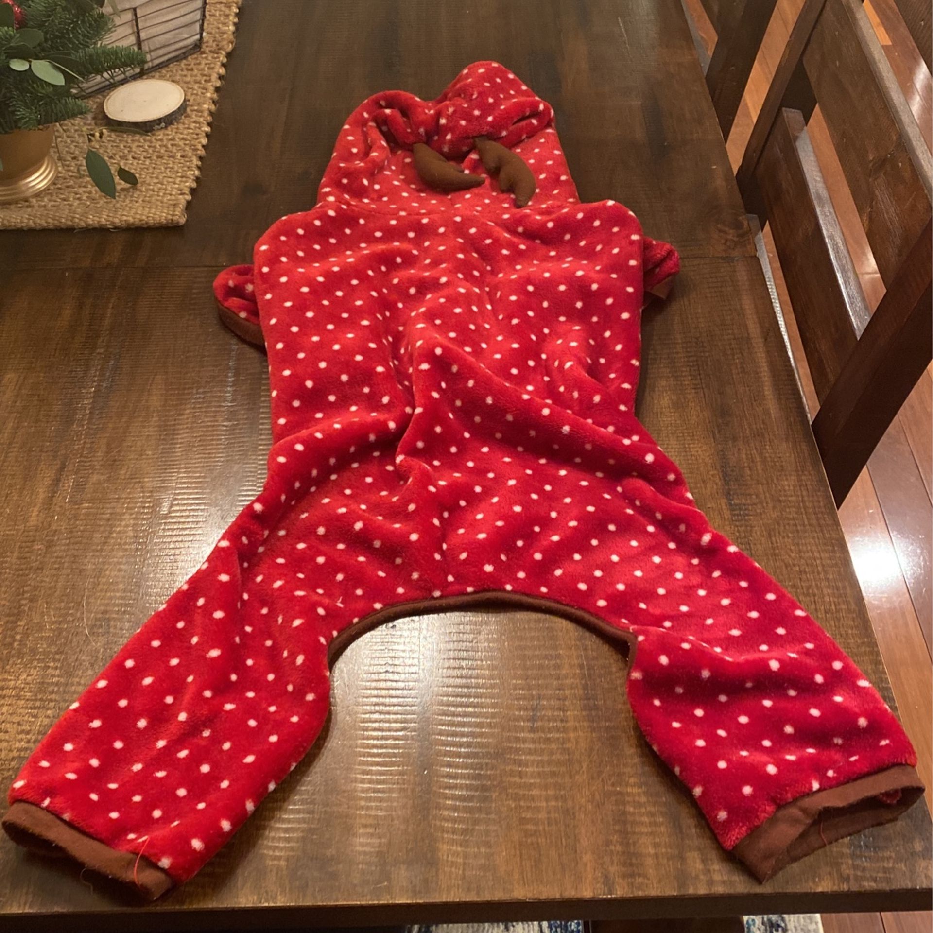 Adorable Red Dog PJs With Raindeer Antlers