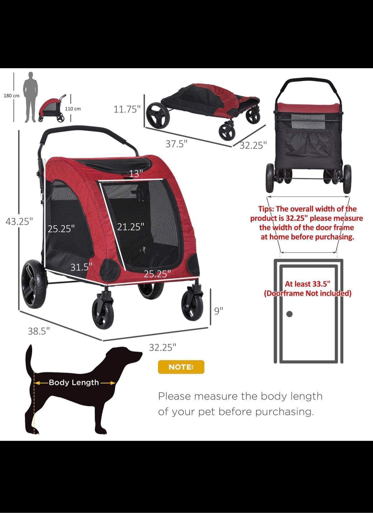 Foldable Dog Stroller with Storage Pocket, Oxford Fabric for Medium Size Dogs - Red