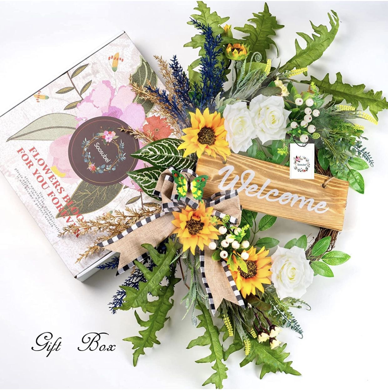 Soosubel Spring Wreaths for Front Door, 22 Inch Sunflower Wreath for Summer,Welcome Wreath for Farmhouse