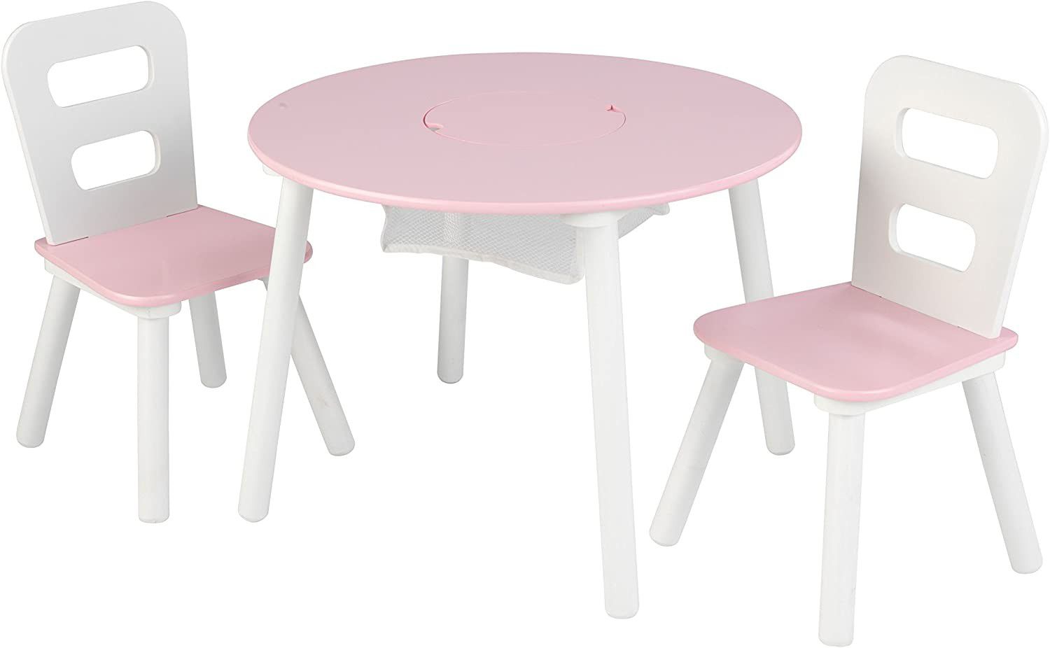 Wooden Round Table & 2 Chair Set with Center Mesh Storage - Pink & White