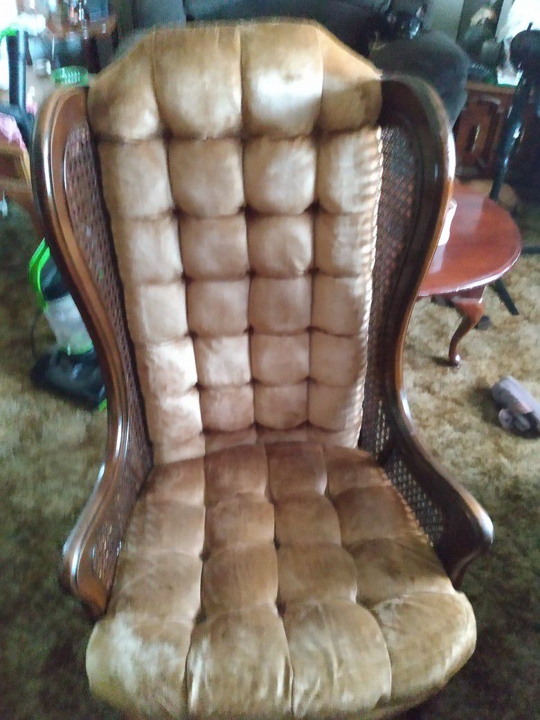 Mid 20th. Century Lewittes Ruffed Gold Velvet Cane Wingback Chair.