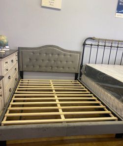 Brand New Queen Size Grey Velvet Upholstered Platform Bed Frame (New In Box)  Thumbnail