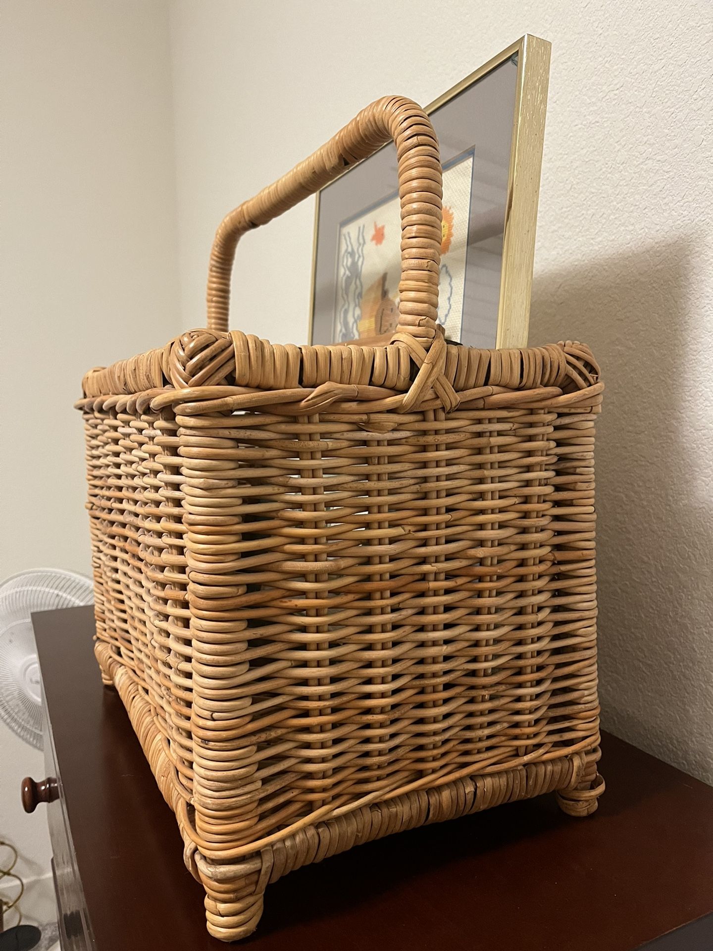 Vintage Rattan Wicker Bamboo Magazine Rack With Handle