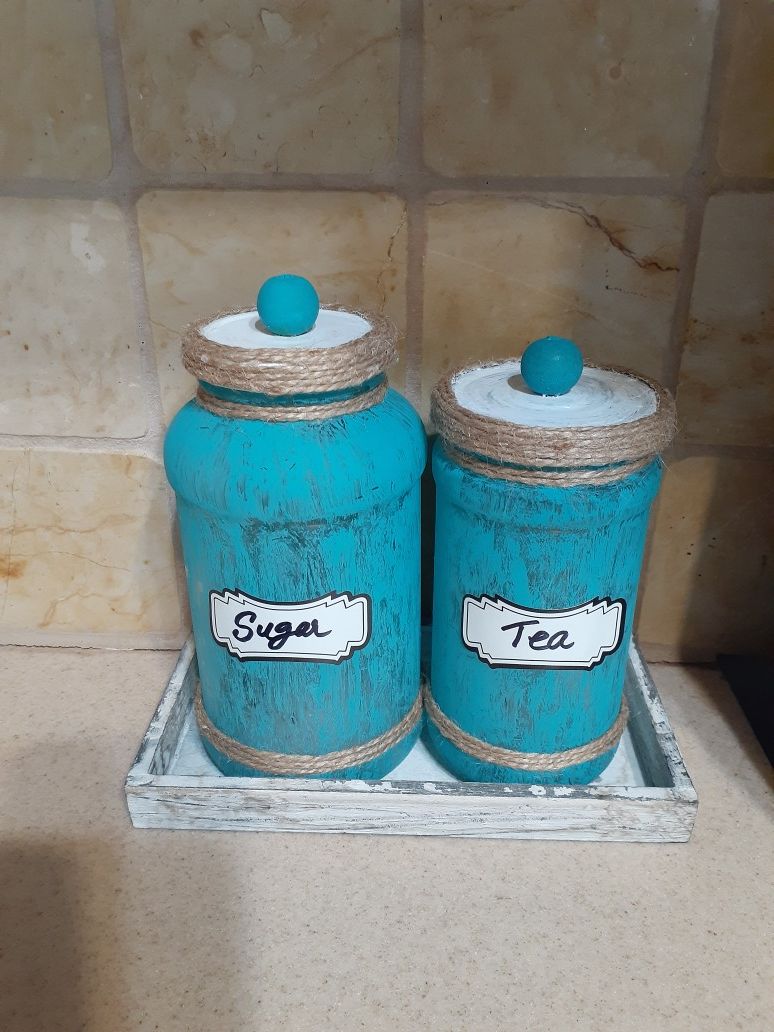 Sugar and Tea Pot Glass Jars Turquoise