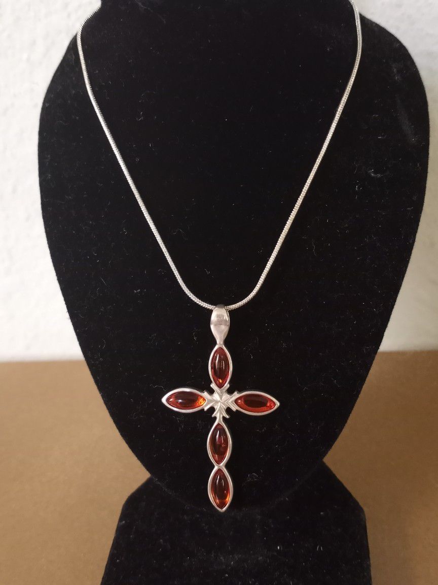 Sterling Silver Baltic Amber Cross Pendant Necklace 