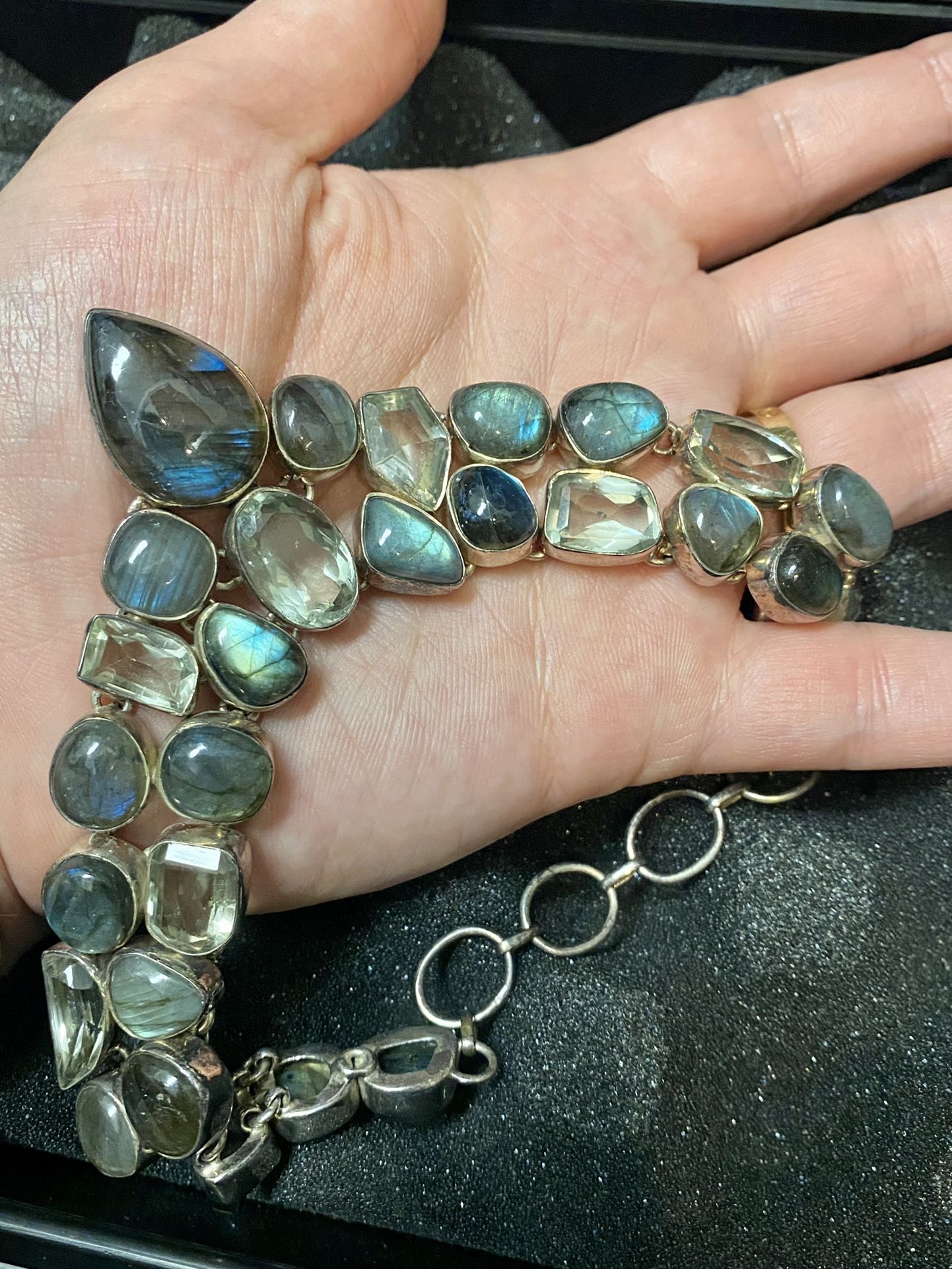 Handcrafted Moonstone Polished Crystal Labradorite Chain Link Necklace