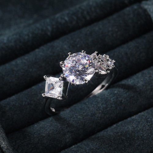 CZ Square Leaf 925 Silver Plated Wedding/Engagement Ring for Women, K940
 
