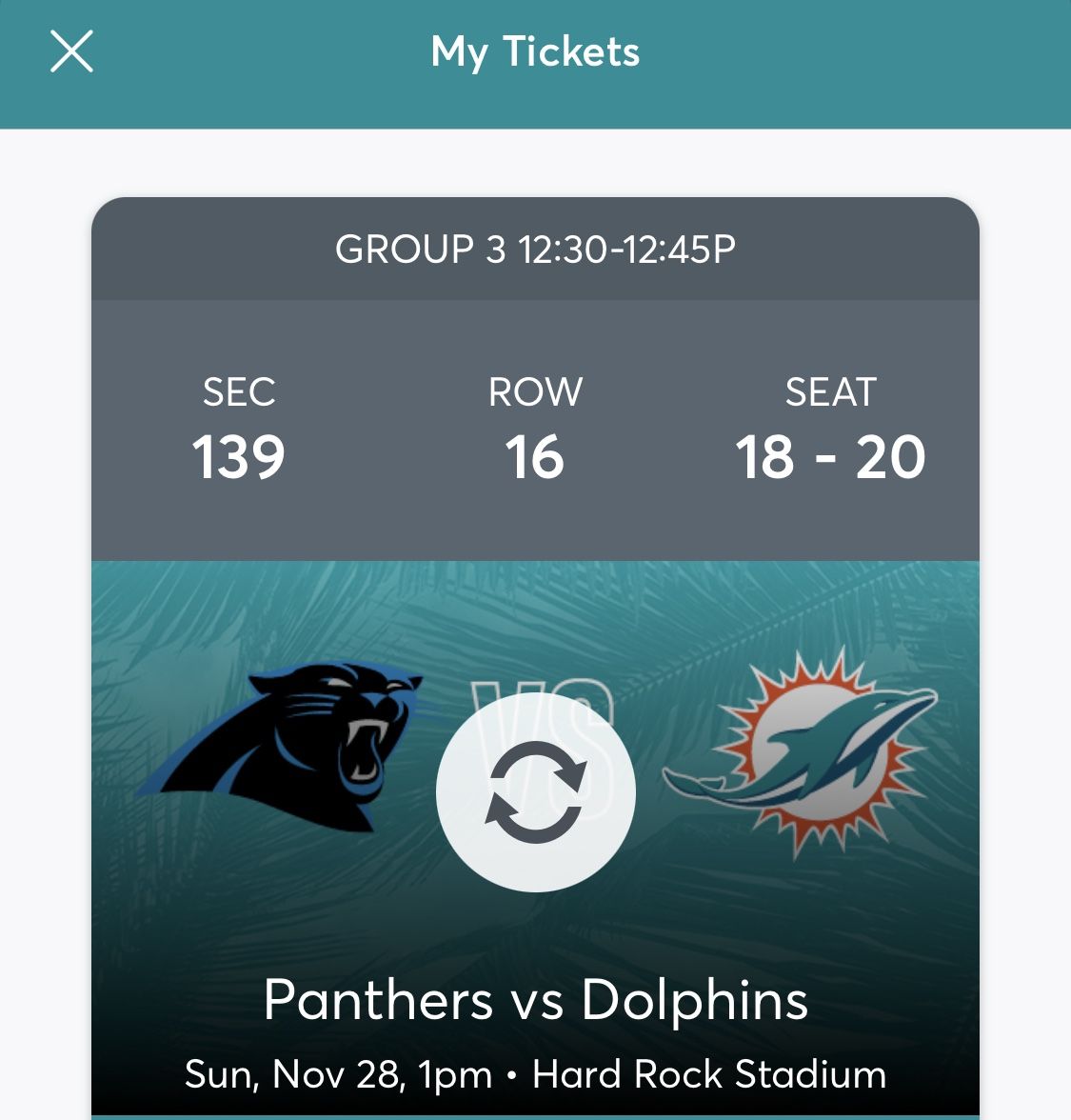 Miami Dolphins Vs Panthers, 3 Tickets