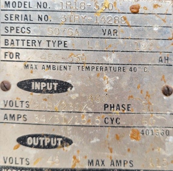 Hobart forklift charger 1R18-550
Input 208/230/460 volt
Amp 34/31/460
Phase 1
Output 45
Max amp 115