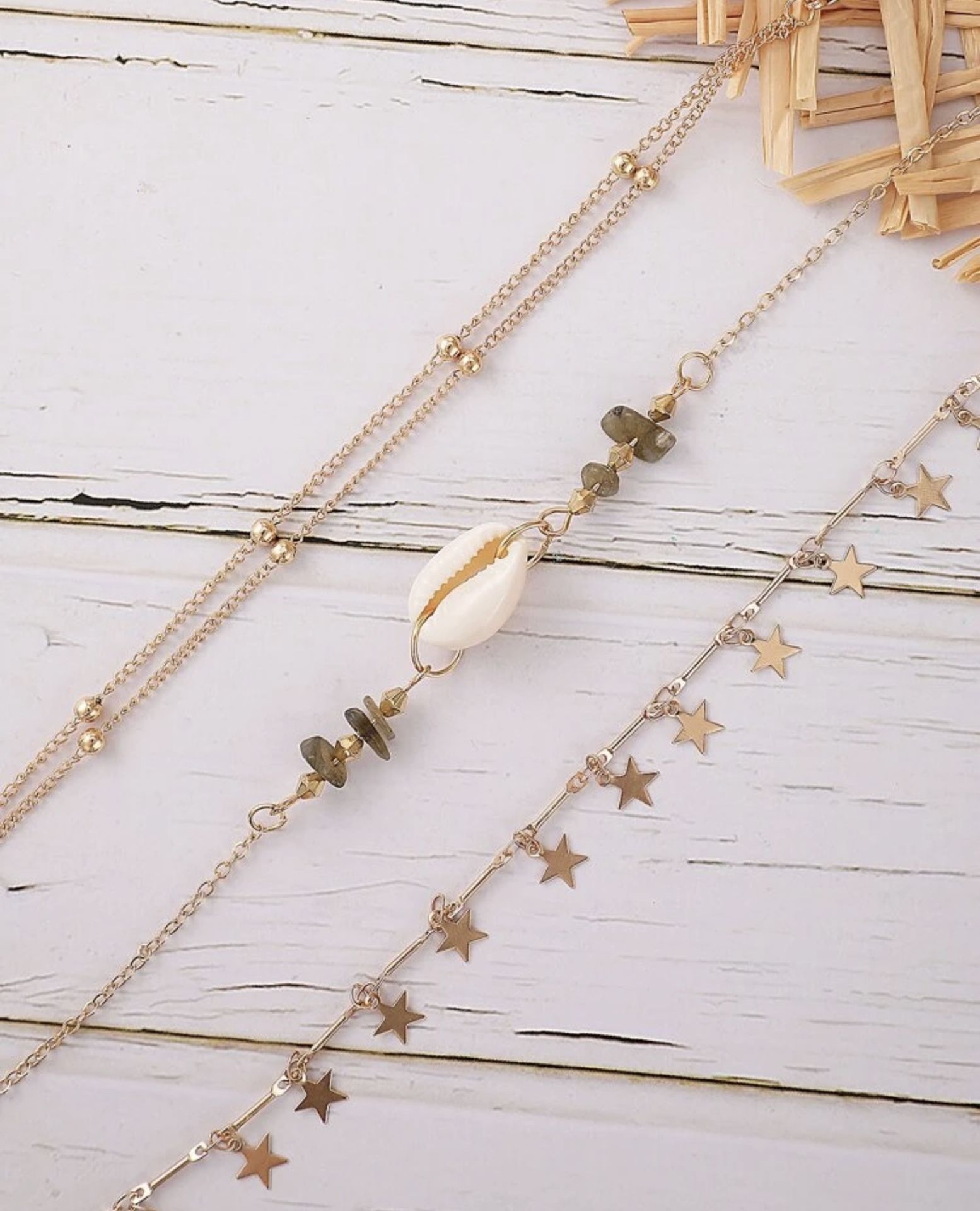 ONE LEFT Gorgeous NEW 3pc Shell And Star Detailed Womenβs Fashion Jewelry Anklet Set