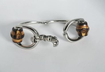 GUCCI sterling Silver Horsebit & Wood Bamboo Bracelet Size 16 Thumbnail