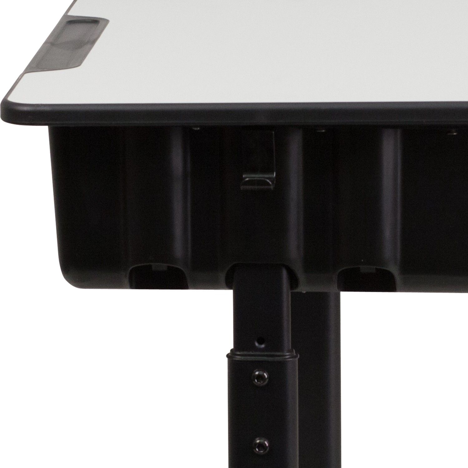 Desk with Grey Top and Adjustable Height Black Pedestal Frame
