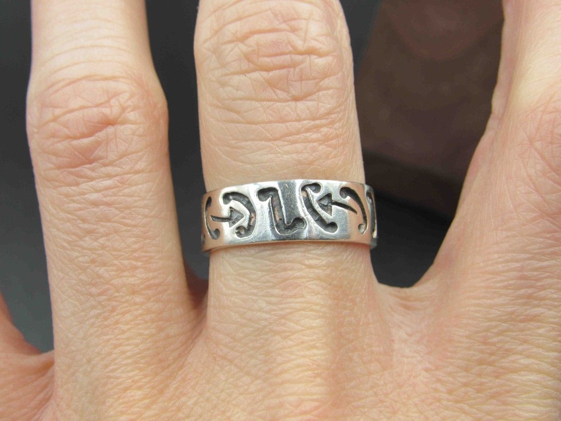Size 8.75 Sterling Silver Weird Unknown Symbols Band Ring Vintage Statement Engagement Wedding Promise Anniversary Bridal Cocktail