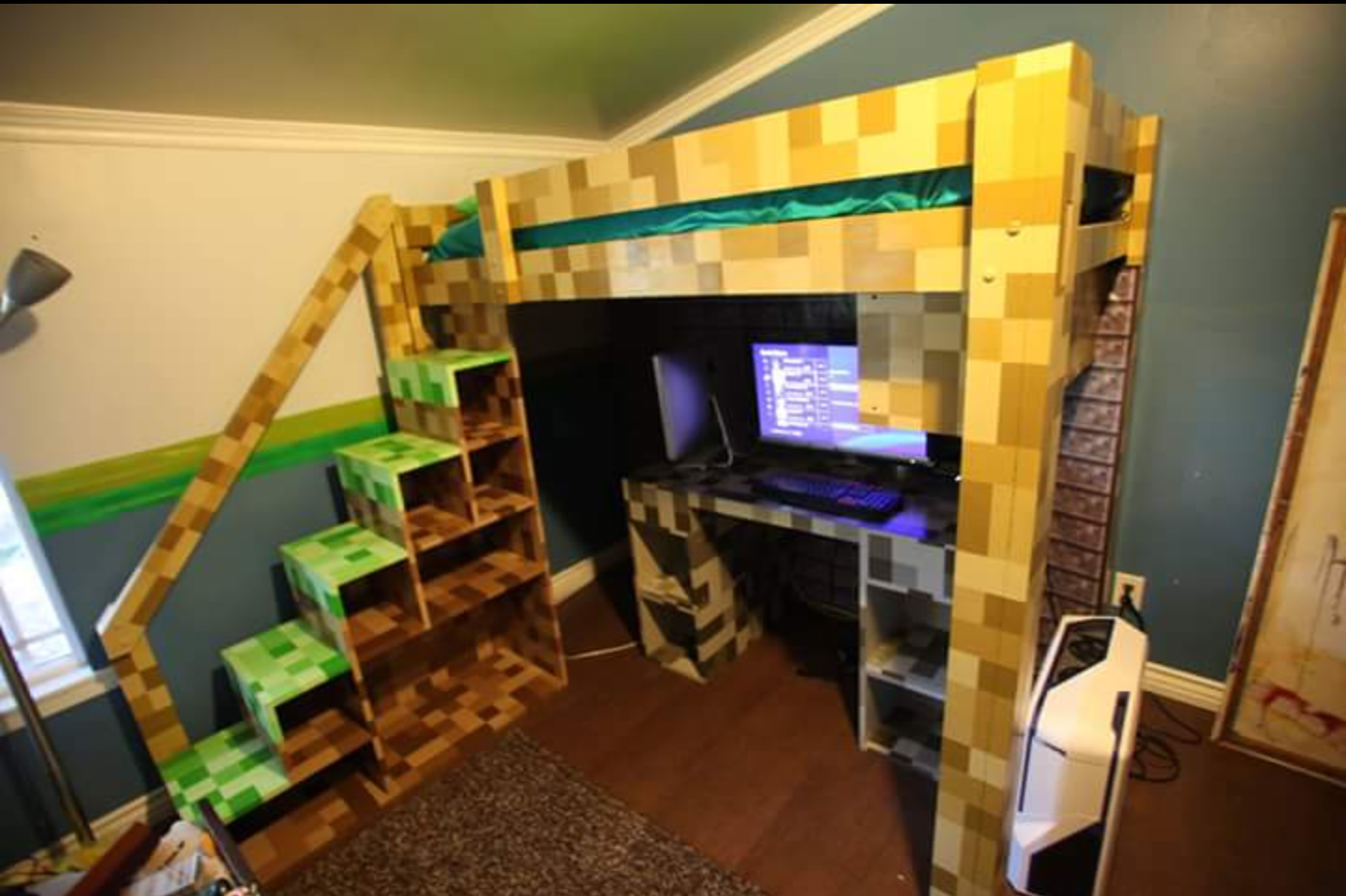 Minecraft Bunk Bed Loft With Desk, How To Make A Bunk Bed With Desk Underneath In Minecraft