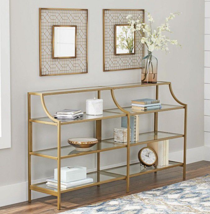 Gold Elegant Console Table with multiple Open Shelf Storage Living Room