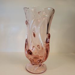 Pink Pedestal Vase - Flowing Leaves or Ferns - Pink Color - 8 1/4" Tall  Thumbnail