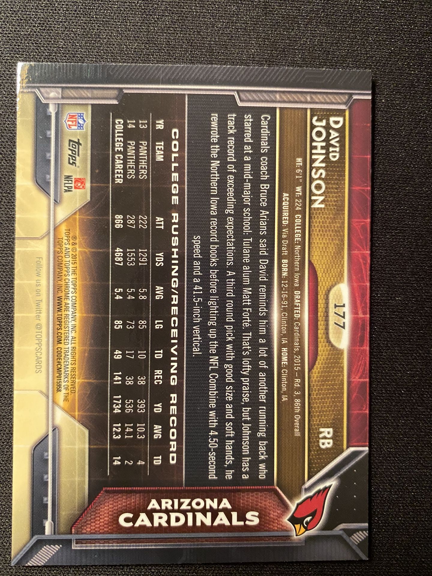 2015 Topps Chrome David Johnson Purple Refractor Rookie Card #177