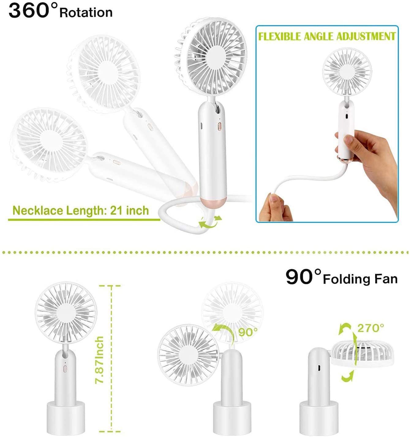 Portable Neck Fan, Portable Fan Rechargeable USB Hand Held Fan Battery Operated for Stroller, Personal Fan with 3 Speeds Adjustable Detachable 2 Desk