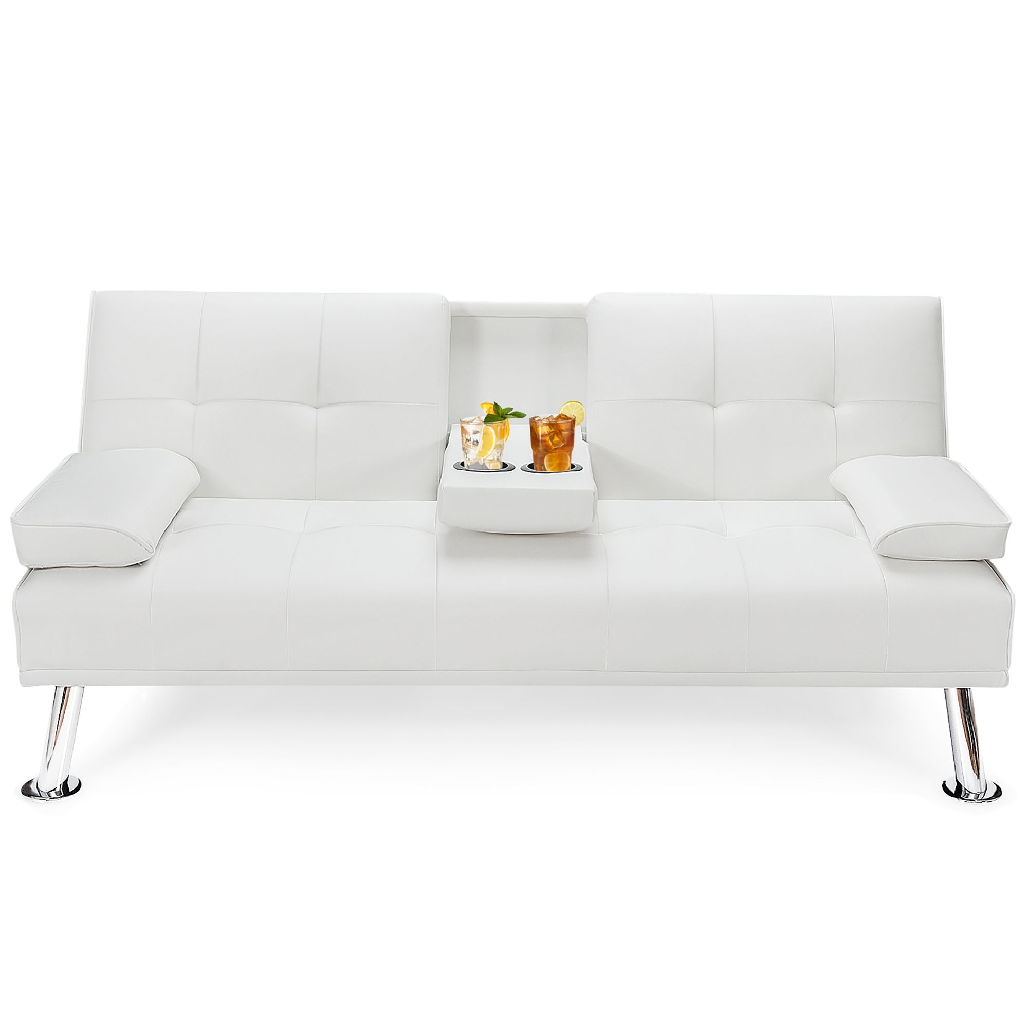 Costway Convertible Folding Futon Sofa Bed Leather w/Cup Holders&Armrests White