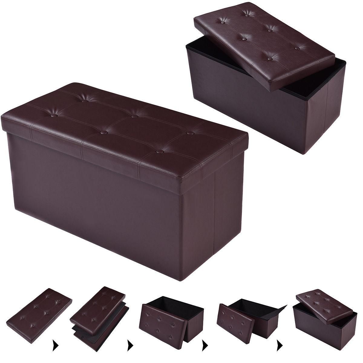 Costway 30"x15"x15" Large Folding Storage Faux Leather Ottoman Pouffe Box Stool (Brown)