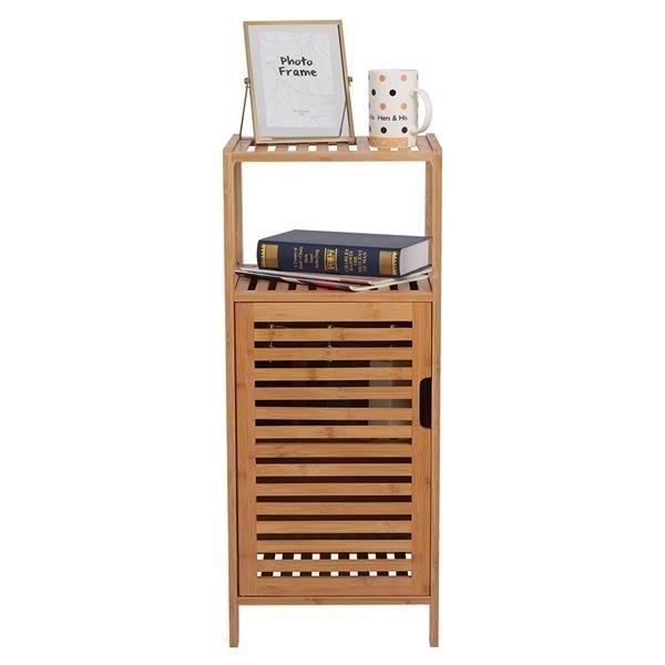 100% Bamboo Bathroom Floor Cabinet, Double Deck Shelf With Single Door And Cell For Stand-Alone Kitchen Cabinet, Living