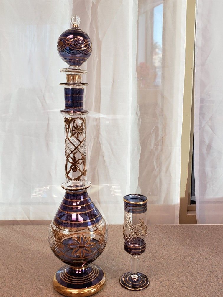 Vintage Crystal Boho Bar Ware Purple Decanter And Glass Bar Home Cordial Set