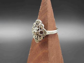 Size 6.5 Sterling Silver Ornate Marcasite Stone Band Ring Vintage Statement Engagement Wedding Promise Anniversary Bridal Cocktail Thumbnail