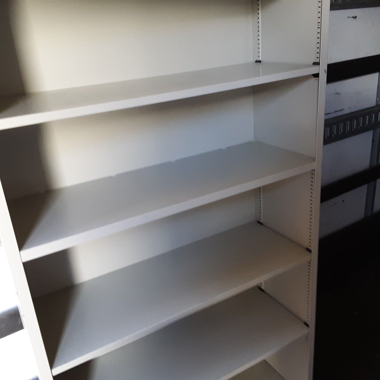 Shelving metal light weight...2 available...size. 34.5 Wide.m...12.5 Deep..81.25 Tall