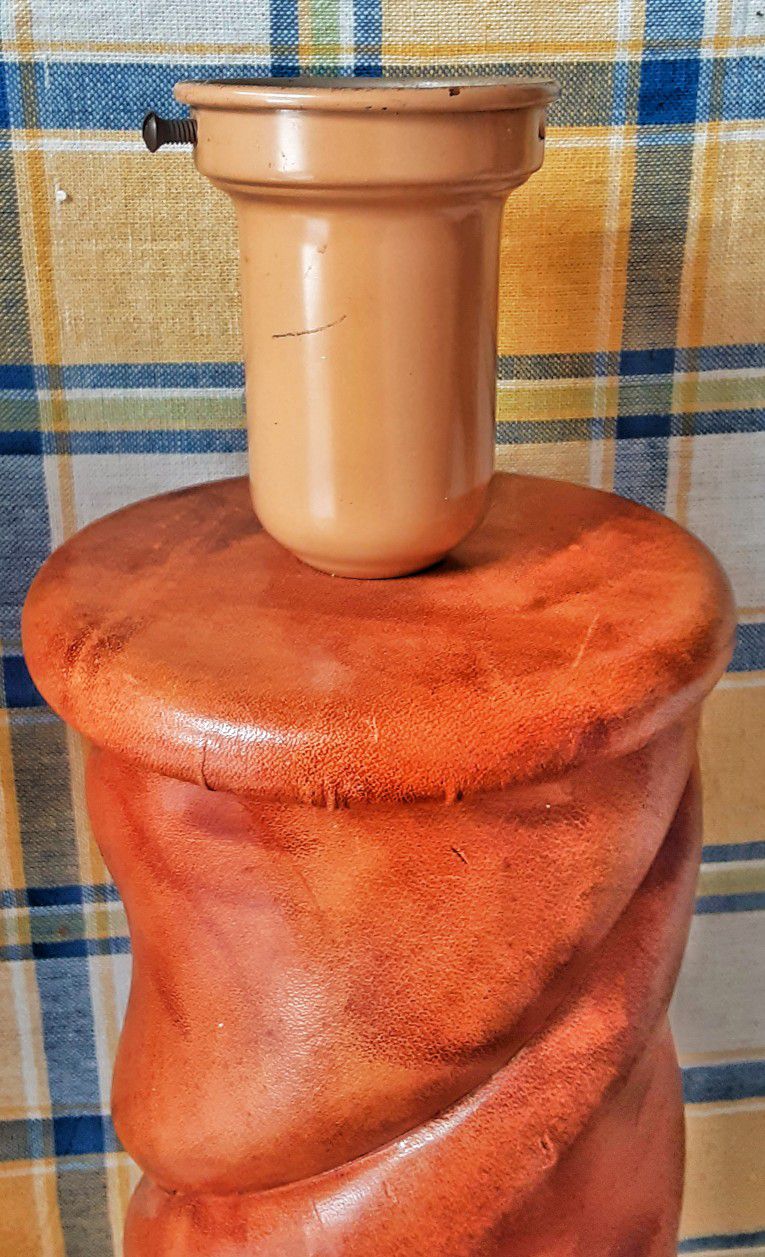 Art Deco Russel Wright Era Leather Twist Table Lamp w Diffuser And Silk Cord