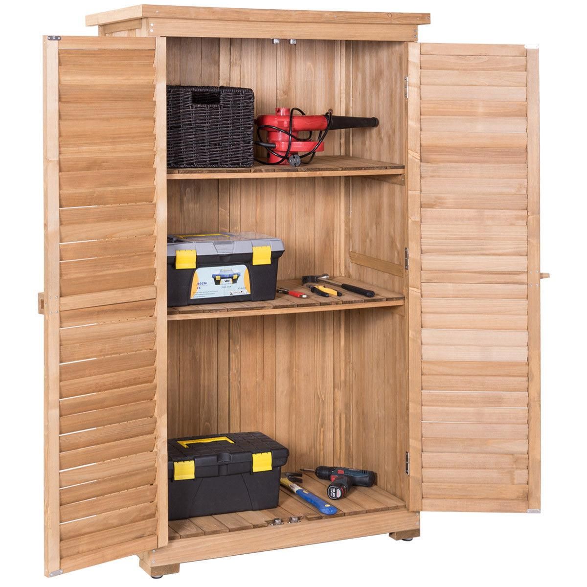 Gymax Outdoor 63'' Tall Wooden Garden Storage Shed Fir Wood Shutter Design Lockers