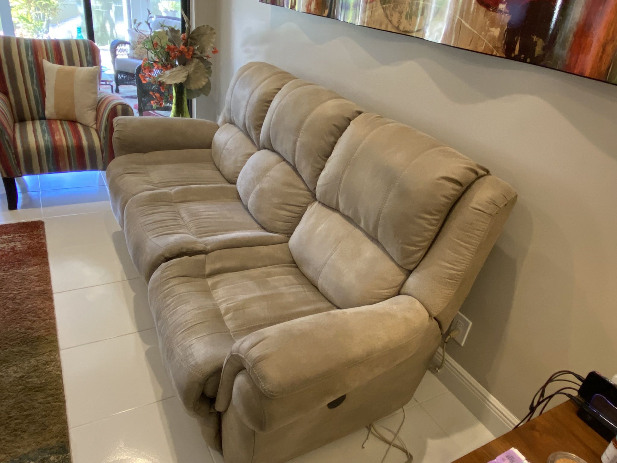 Microfiber couch (with 2 built-in electrically-controlled recliners) and matching love seat
