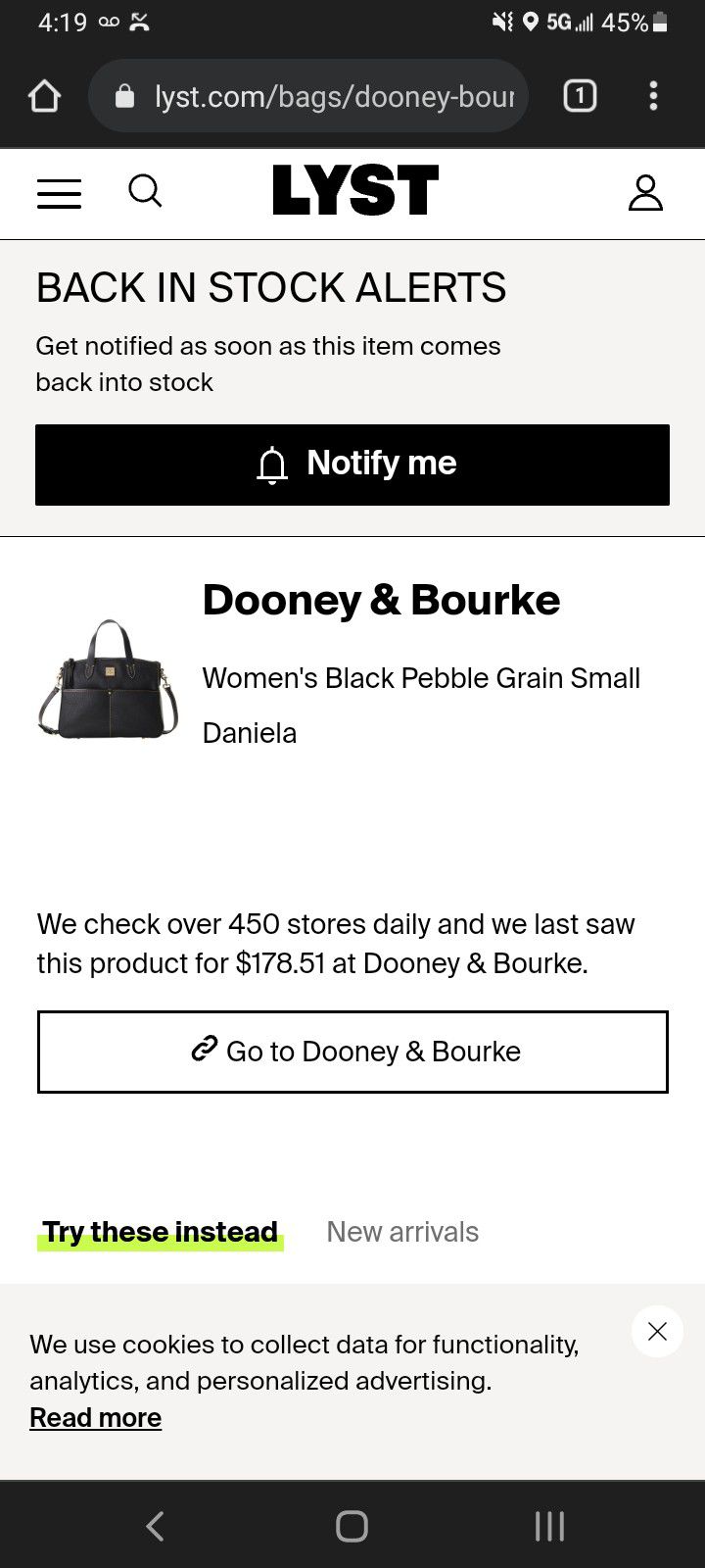 Dooney & Bourke Black Leather Small Daniela Tote Brand New