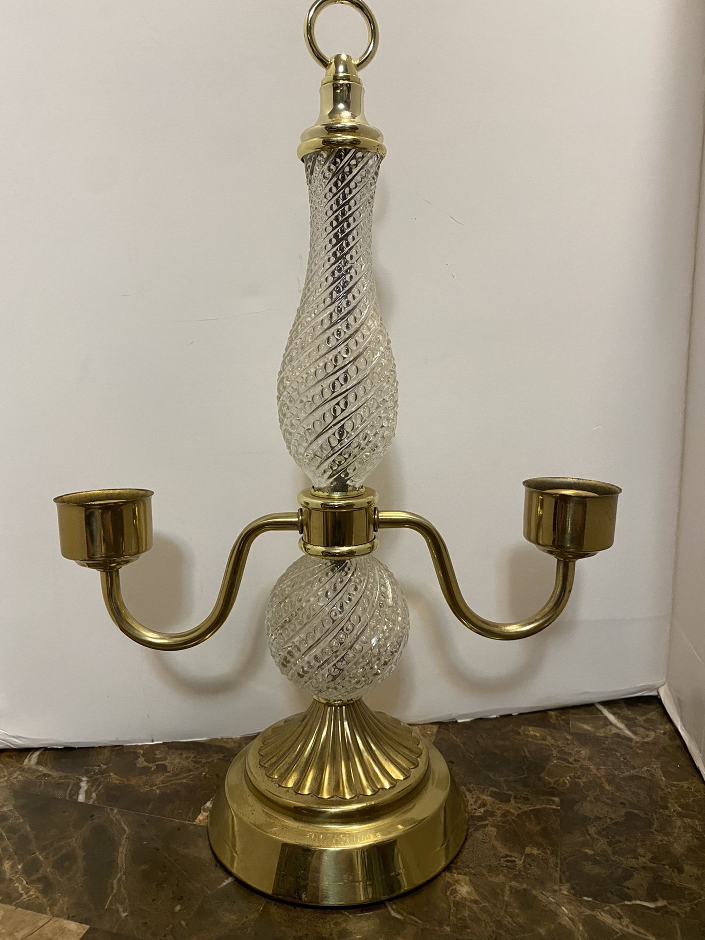 Vintage Two Arm Candelabra Glass & Brass circa 1960s 16.5” X 11.5”