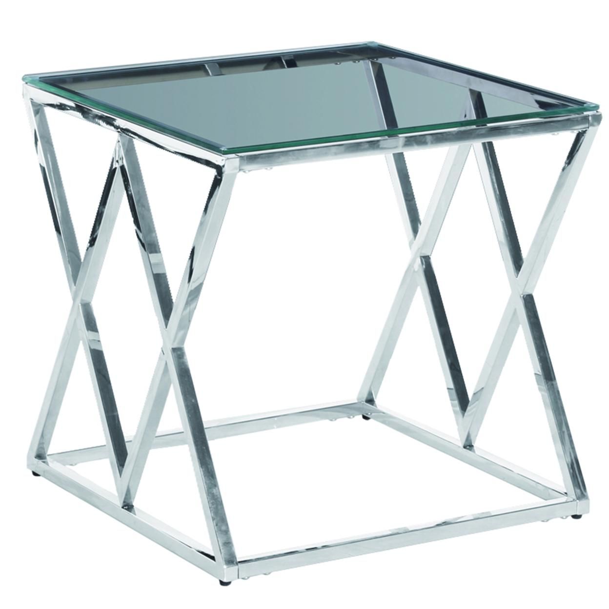 Saltoro Sherpi Diamond Shaped Metal Accent Table with Glass Top, Silver