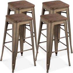 4pc 30" Stackable Backless Steel Bar Stool with Wooden Seats, Bronze Thumbnail