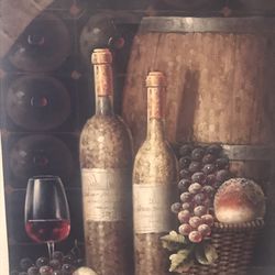 Original Painting On Canvas With Heavy Metal  Frame.  Wine,  Grapes,  Bread. What More Could You Want.  Perfect For Bar , Dining Room. Thumbnail