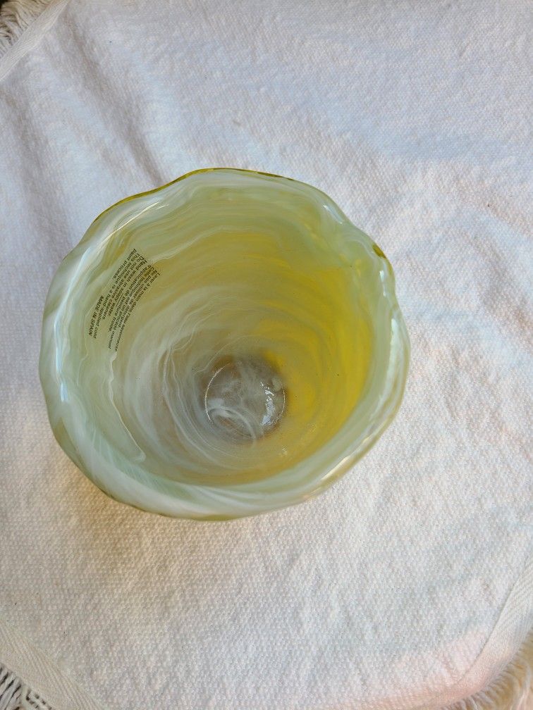 Spanish Blown Glass Hand Applied Cold Paint Process Lemon Yellow Drip Vase Bowl