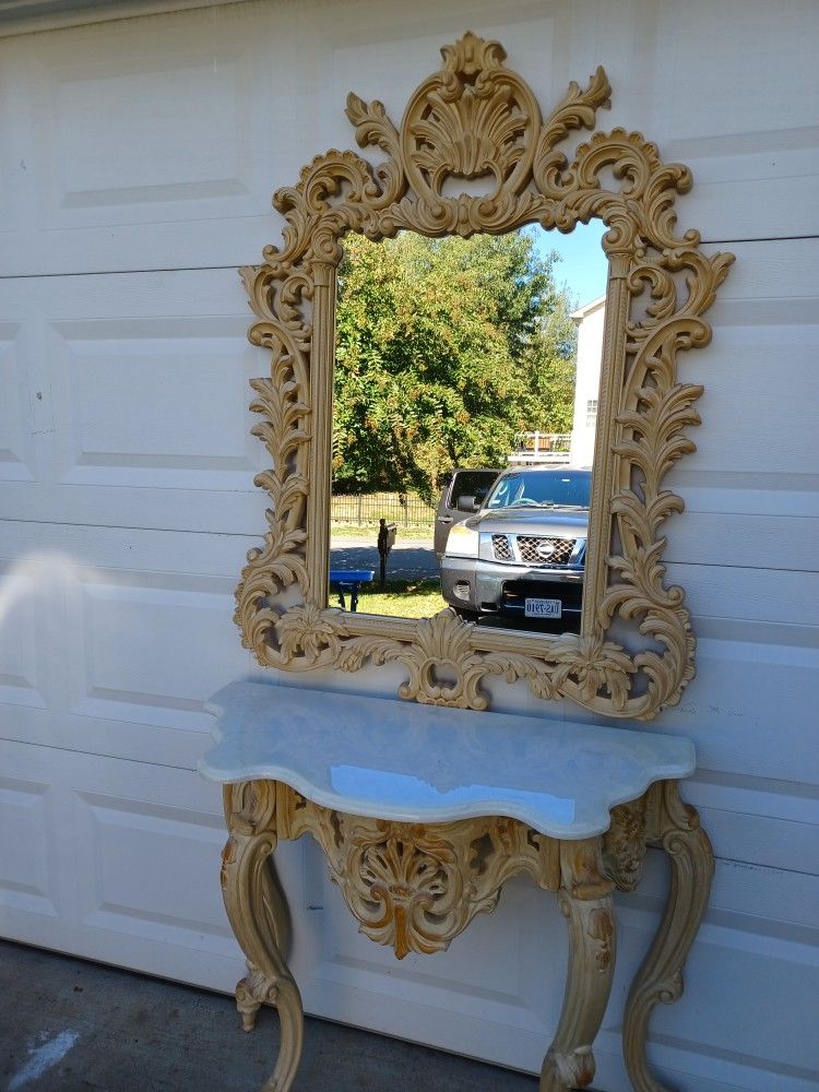 Antique Marble Top Console Table And Hollywood Regency Mirror