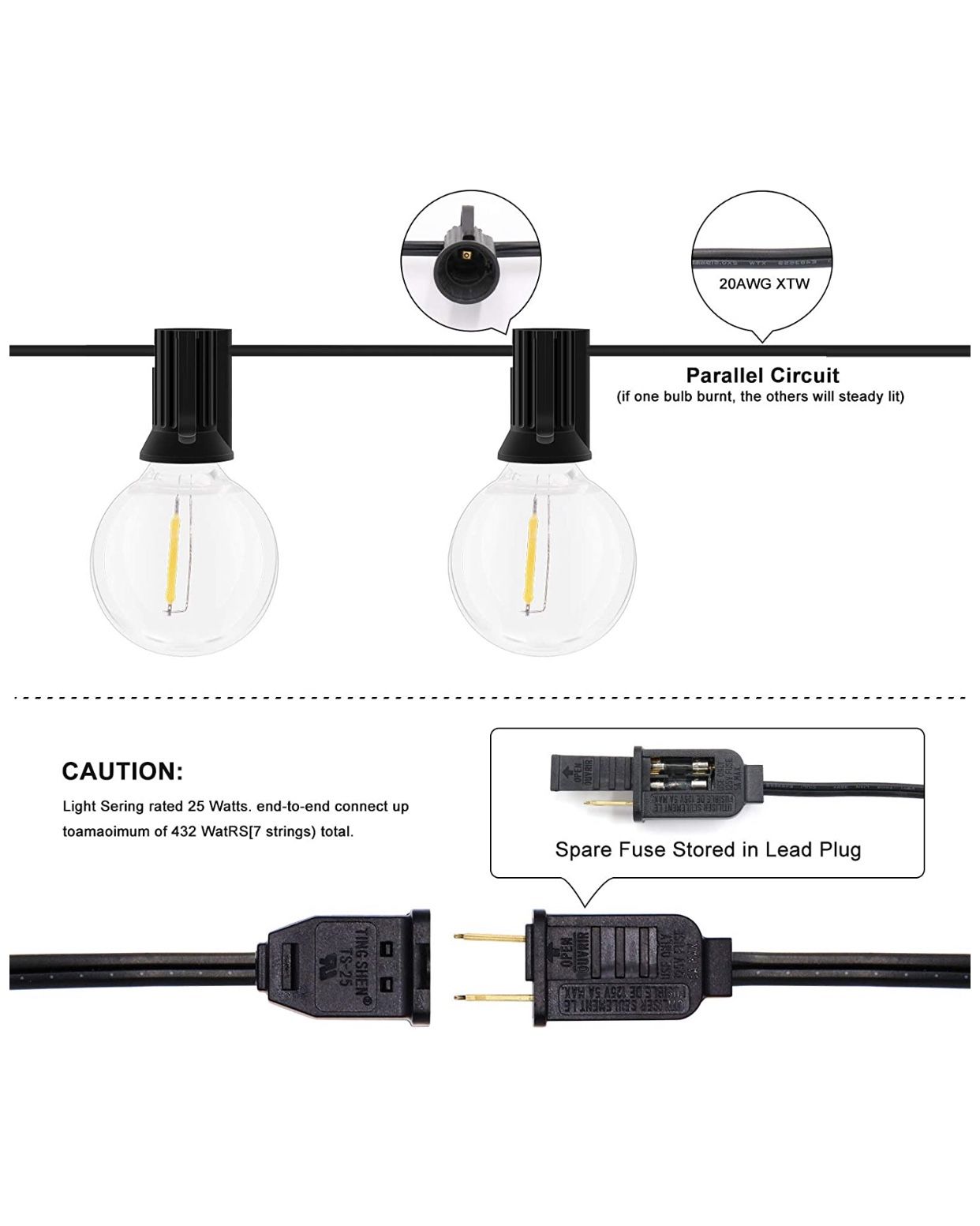 String Lights 25FT with 27 Edison Bulbs with 2 Spare - Outdoor Patio Lights String Led Waterproof UL Listed