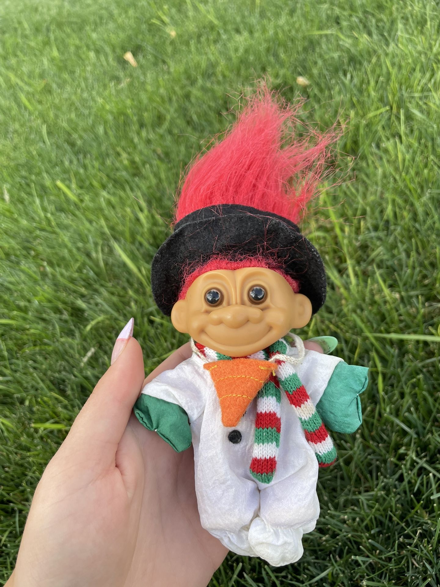 Vintage Russ Snowman Suit Troll Doll w/ Christmas Scarf Hat Nose W/Red Hair